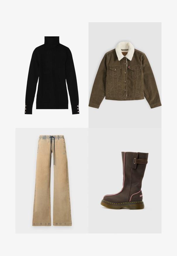Chaqueta de pana marrón con cuello sherpa blanco, cierre de botones, dos bolsillos en el pecho y dos bolsillos laterales, mostrada plana sobre un fondo gris.; Suéter negro de cuello alto con una textura acanalada. Presenta mangas largas ajustadas con tres botones plateados en cada puño.; Pantalones de pierna ancha beige con cinturilla elástica, cordón azul y bolsillos laterales. Presentan costuras en contraste y una textura ligeramente desgastada.; Bota de cuero marrón hasta media pantorrilla con ribete rosa, suela gruesa translúcida, costuras amarillas y una correa lateral con hebilla metálica.