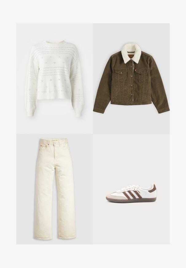 Veste en velours côtelé marron avec col sherpa blanc, fermeture à boutons, deux poches poitrine et deux poches latérales, présentée à plat sur fond gris.; Pull en tricot blanc avec des manches ballon, comportant des motifs aérés à pois et rayures. Col ras du cou et ourlet côtelés. Design court.; Jean à jambes larges en denim écru, doté d'une taille haute, de rivets en cuivre et d'un design classique à cinq poches. Tissu texturé avec des ourlets nets.; Baskets Adidas Samba blanches avec des bandes en daim marron, semelle en caoutchouc marron et bout en daim beige, vues du côté extérieur sur un fond uni.