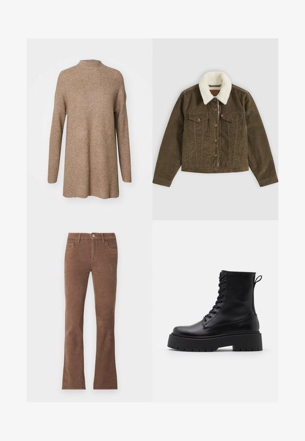 Veste en velours côtelé marron avec col sherpa blanc, fermeture à boutons, deux poches poitrine et deux poches latérales, présentée à plat sur fond gris.; Pull en maille ribulée marron avec un col montant, des manches longues et une coupe décontractée. Fabriqué en matériau doux et texturé.; Pantalon en velours côtelé marron avec fermeture par bouton et fermeture éclair, style cinq poches, jambes légèrement évasées.; Bottines en cuir noir avec un bout rond, un laçage à l'avant et une épaisse semelle en caoutchouc dotée d'un motif texturé. Tirer au dos.