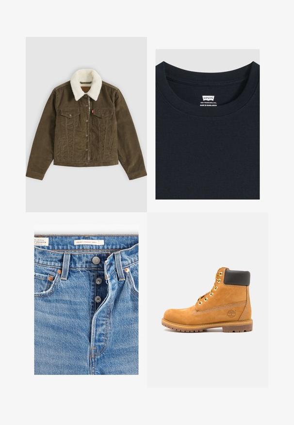 Chaqueta de pana marrón con cuello sherpa blanco, cierre de botones, dos bolsillos en el pecho y dos bolsillos laterales, mostrada plana sobre un fondo gris.; Primer plano del escote de una camiseta negra Levi's que muestra la etiqueta de la marca y el texto que indica San Francisco, California, fabricado en Bangladesh.; Jeans de mezclilla azul claro con corte recto a la altura del tobillo. Incluye cinco bolsillos, dos botones de metal y costuras naranjas visibles. Etiquetas presentes.; Botín de cuero marrón con acolchado negro, ojales dorados y suela texturizada. Presenta un logotipo circular en el costado y acentos de costura.