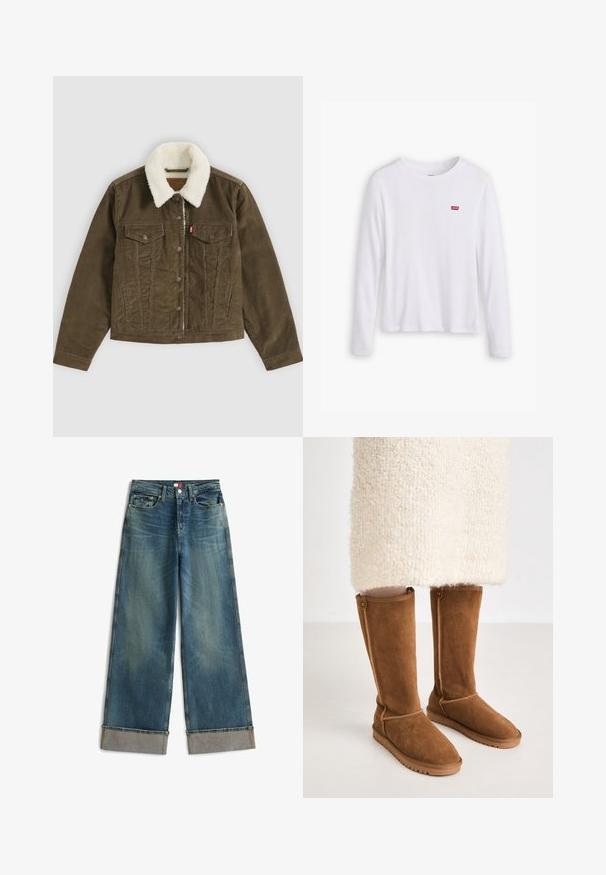 Veste en velours côtelé marron avec col sherpa blanc, fermeture à boutons, deux poches poitrine et deux poches latérales, présentée à plat sur fond gris.; Chemise blanche à manches longues en coton doux. Présente un petit logo rouge Levi's sur la poitrine gauche. Design classique à col rond.; Jean en denim coupe large, lavage bleu moyen, avec taille haute, boutons en argent et revers pliés montrant un tissu intérieur contrastant.; Bottes en suède marron à hauteur de genou avec une texture lisse, présentant des coutures latérales et une semelle en caoutchouc pour une bonne traction.