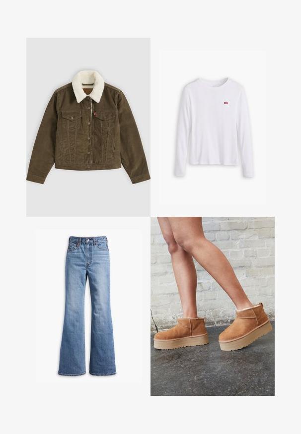 Braune Cordjacke mit weißem Sherpa-Kragen, Knopfverschluss, zwei Brusttaschen und zwei Seitentaschen, flach auf grauem Hintergrund dargestellt.; Weißes Langarmhemd aus weicher Baumwolle. Mit kleinem rotem Levi's-Logo auf der linken Brust. Klassisches Rundhals-Design.; Hellblaue, hochgeschnittene Jeans mit leichtem Schlag, vorn mit Knopfverschluss, Gürtelschlaufen und fünf Taschen.; Braune Wildleder-Stiefeletten mit einem weichen Futter, dicker beige Plateau-Sohle und einer Zuglasche auf der Rückseite. Strukturiert Oberfläche mit sichtbaren Nähdetails.