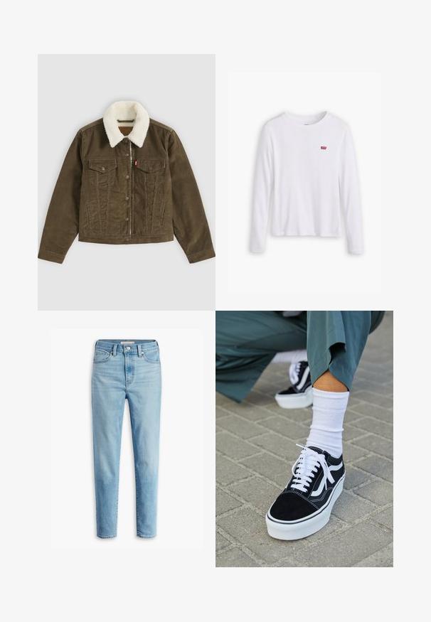Bruine corduroy jas met witte sherpa kraag, knoopsluitingen, twee borstzakken en twee zijzakken, plat getoond op een grijze achtergrond.; Witte lange mouwen shirt van zachte katoen. Bevat een klein rood Levi's logo op de linkerborst. Klassiek ronde hals ontwerp.; Lichtblauwe hoge taille spijkerbroek met voorzakken, riemlussen, knoopsluiting en taps toelopende broekspijpen op een witte achtergrond.; Zwarte suède sneaker met witte accenten en veters, uitgerust met een dikke witte zool en contrasterende stiksels, gecombineerd met een witte sok.