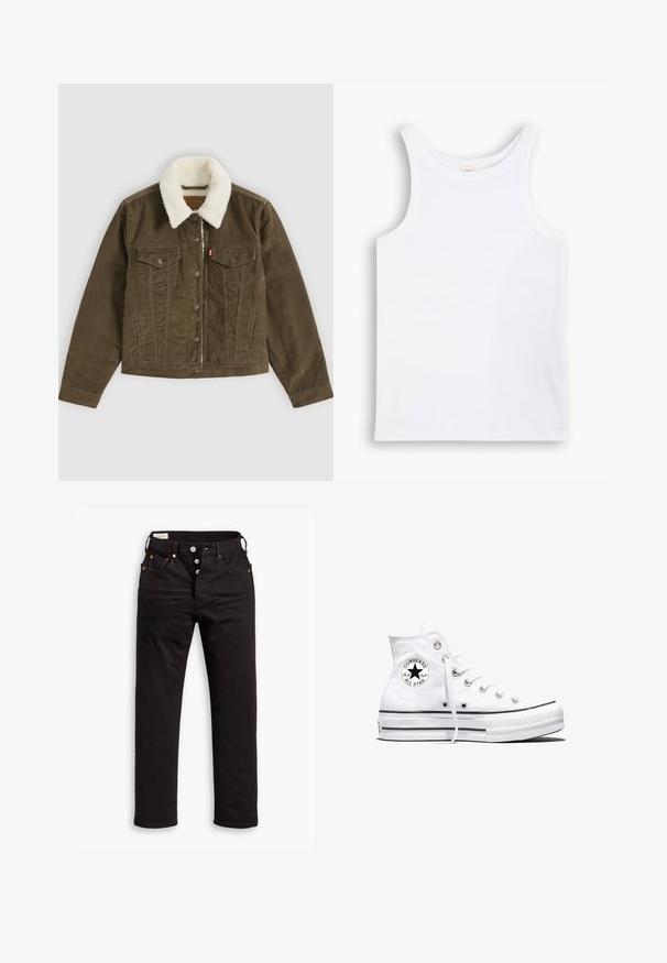 Bruine corduroy jas met witte sherpa kraag, knoopsluitingen, twee borstzakken en twee zijzakken, plat getoond op een grijze achtergrond.; Witte katoenen tanktop met brede schouderbanden, een ronde halslijn en een gladde, geribbelde textuur. Geen patronen of accenten aanwezig.; Zwarte rechtlopende jeans met knoopsluiting, voor- en achterzakken, en koperen klinknagels op een witte achtergrond.; Witte hoge Converse Chuck Taylor All Star sneaker met zwart logopatch en witte veters, weergegeven op een witte achtergrond.