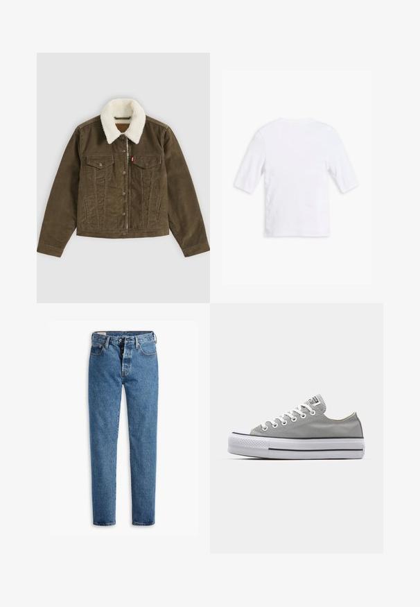 Bruine corduroy jas met witte sherpa kraag, knoopsluitingen, twee borstzakken en twee zijzakken, plat getoond op een grijze achtergrond.; Witte katoen t-shirt met korte mouwen, ronde halslijn en een gladde textuur. Geen zichtbare patronen of versieringen.; Lichtblauwe spijkerbroek met een rechte snit, vijf zakken en een standaard knoopsluiting. Heeft oranje stiksels en een licht vervaagde textuur.; Grijze canvas sneakers met witte veters, rubberen neuspunt en een dikke, witte rubberen zool met twee zwarte strepen aan de zijkant.