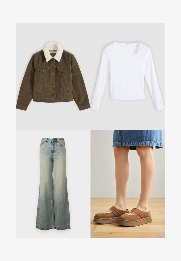 Braune Cordjacke mit weißem Sherpa-Kragen, Knopfverschluss, zwei Brusttaschen und zwei Seitentaschen, flach auf grauem Hintergrund dargestellt.; Weißes Langarm-T-Shirt aus Rippstoff mit quadratischem Ausschnitt und figurbetontem Schnitt, mit einem kleinen Logobändchen an der Seite.; Helles blauweite Jeans im Denim-Stil mit hoher Taille, ausgewaschenem Finish und seitlichen Taschen mit sichtbaren Nähten.; Braune Wildleder-Plateauschuhe mit abgerundetem Zehenbereich, Cut-out-Details und einer stabilen Sohle, kombiniert mit einem Jeansrock auf einem Holzboden.
