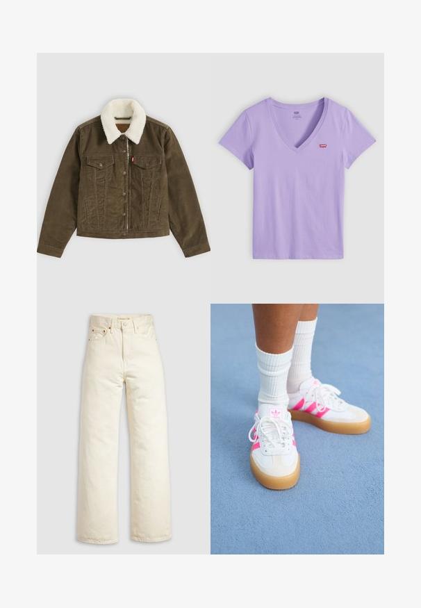 Brun kordfløjlsjakke med hvid sherpa-krave, knaplukning, to brystlommer og to sidelommer, vist fladt på en grå baggrund.; Lilla T-shirt med korte ærmer og V-hals med en lille rød Levi's-logo patch på venstre bryst, vist på hvid baggrund.; Vidbenede jeans i offwhite denim med høj talje, kobbernitter og klassisk design med fem lommer. Struktureret stof med rene kanter.; Hvide sneakers med pink striber og logo, suedetåhætter, gummisål, parret med hvide ribbede crew-sokker, mod en blå baggrund.