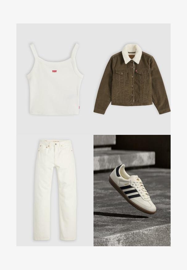 Veste en velours côtelé marron avec col sherpa blanc, fermeture à boutons, deux poches poitrine et deux poches latérales, présentée à plat sur fond gris.; Crop top blanc côtelé avec fines bretelles et petit logo Levi's rouge au centre devant et sur la couture latérale.; Jean droit en denim blanc avec fermeture à bouton et fermeture éclair, poches avant et arrière, et accents de rivets en cuivre.; Baskets blanches Adidas Samba avec des bandes noires et une semelle en gomme, flottant au-dessus de marches en béton gris texturé.