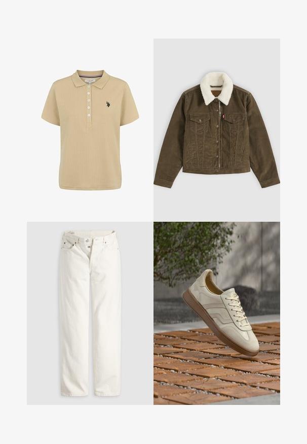 Pruun sametjakett valge sherpa krae, nööpkinnitused, kaks rinnataskut ja kaks küljetaskut, näidatud lapikuna hallil taustal.; Beige ribaga kaelusega polo särk lühikeste varrukatega, viie nupuga nööbiriimed ja musta tikandiga logo vasakul rinnal. Pehme materjali tekstuur.; Valged kõrge vöökohaga sirgete säärega teksad, millel on nööpidega esitasku, esiküljel ja taga taskud ning taskunurkadel nähtavad vasknaelad.; Kreemikollane toss, millel on tekstureeritud beež kummipõhi, paeltega disain ja peen brändimine küljel. Sile nahast pealne.