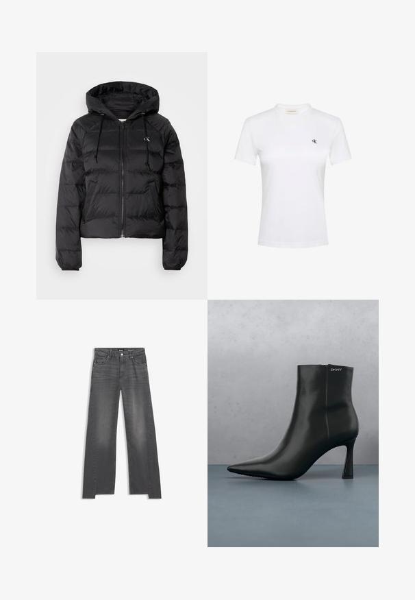 Calvin Klein Jeans LIGHTWEIGHT LOGO PUFFER - Vinterjakker - black; Hvid T-shirt med korte ærmer i blødt stof med rund halsudskæring. Har en lille sort "ck"-logo på venstre bryst. Klassisk pasform.; Grå denim jeans med vid benåbning, der har et klassisk fem-lomme design og subtil falming over stoffet.; Sort læder ankelstøvle med spids tå og geometrisk hæl. Har subtil branding og en glat overflade. Baggrunden består af strukturerede fliser.