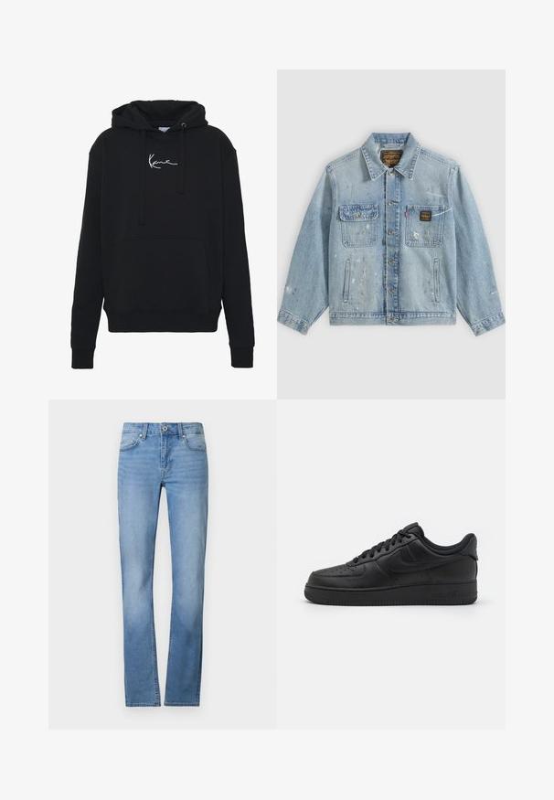 Lichtblauwe spijkerjas met knopen aan de voorkant, twee borstzakken, zijzakken en verweerde verfspetterdetails op mouwen en voorkant.; Zwarte hoodie van zachte stof, met een voorzak, koorden en witte logo borduring op de borst. Klassieke pasvorm en geribde manchetten.; Lichtblauwe denim jeans met een rechte pijp, een knoopsluiting en een vijfzakkenstijl. De stof heeft een gladde textuur.; Nike Sportswear AIR FORCE 1 07 FLYEASE - Sneakers laag - black