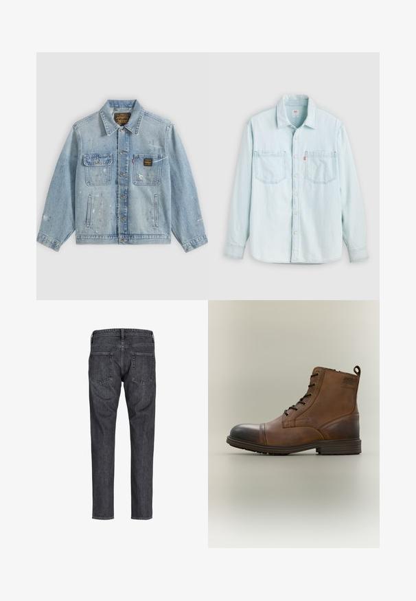 Hellblaue Jeansjacke mit Knopfleiste vorne, zwei Brusttaschen, Seitentaschen und abgenutzten Farbspritz-Details an Ärmeln und Vorderseite.; Hellblaues Denim-Langarmhemd mit Knopfleiste vorne, zwei Brusttaschen und Kragen, vor einem einfarbigen hellen Hintergrund gezeigt.; Rückansicht einer dunkelgrauen Jeans aus Denim mit zwei Gesäßtaschen, Gürtelschlaufen und geradem Bein.; Brauner Leder-Schnürstiefel bis zum Knöchel mit schwarzer Zehenkappe, runder Sohle und Markenlabel an der Seite vor schlichtem Hintergrund.