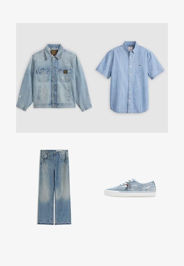 Veste en denim bleu clair avec fermeture à boutons, deux poches poitrine, poches latérales et détails usés avec éclaboussures de peinture sur les manches et le devant.; Chemise en jean bleu clair à manches courtes avec un col boutonné, des boutons sur le devant et un petit logo sur la poitrine gauche. Texture lisse.; Jean large en denim bleu clair avec un délavage, comportant deux poches avant, une fermeture par bouton et une coupe droite avec des ourlets nets.; Basket basse en denim bleu clair avec semelle en caoutchouc blanche, lacets blancs et breloques décoratives suspendues aux œillets latéraux.