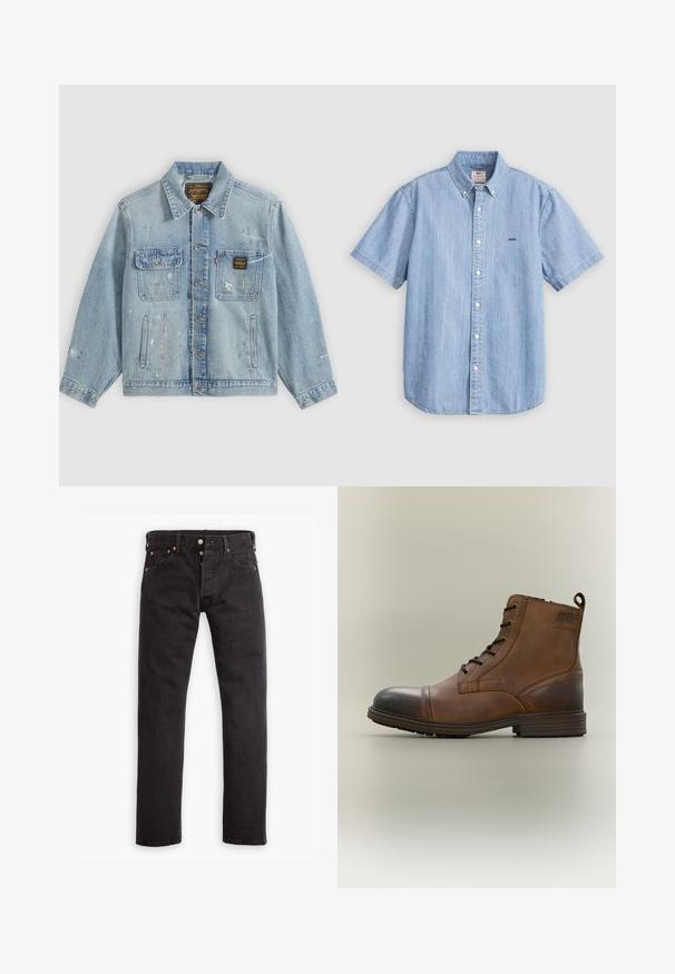 Lichtblauwe spijkerjas met knopen aan de voorkant, twee borstzakken, zijzakken en verweerde verfspetterdetails op mouwen en voorkant.; Lichtblauw denim overhemd met korte mouwen, een button-down kraag, knopen aan de voorkant en een klein logo op de linkerborst. Gladde textuur.; Zwarte slim-fit jeans met knoopsluiting, vijf zakken en koperen klinknagels, plat gelegd op een witte achtergrond.; Bruine leren enkellaars met veters, zwarte neuskap, ronde zool en merkdetail aan de zijkant tegen een effen achtergrond.