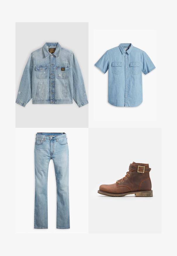 Lyseblå denimjakke med knapper foran, to brystlommer, sidelommer og slidte malingsprøjt detaljer på ærmer og front.; Lyseblå kortærmet skjorte med knaplukning lavet af denim, med to brystlommer med lodret syning og en klassisk krave.; Lyseblå denim jeans, lige pasform, med fem lommer, kontrastsyning og knaplukning i taljen.; Harley Davidson VNTGMOTO SHORT RIDING APPROVED - Cowboy- / bikerstøvlette - brown