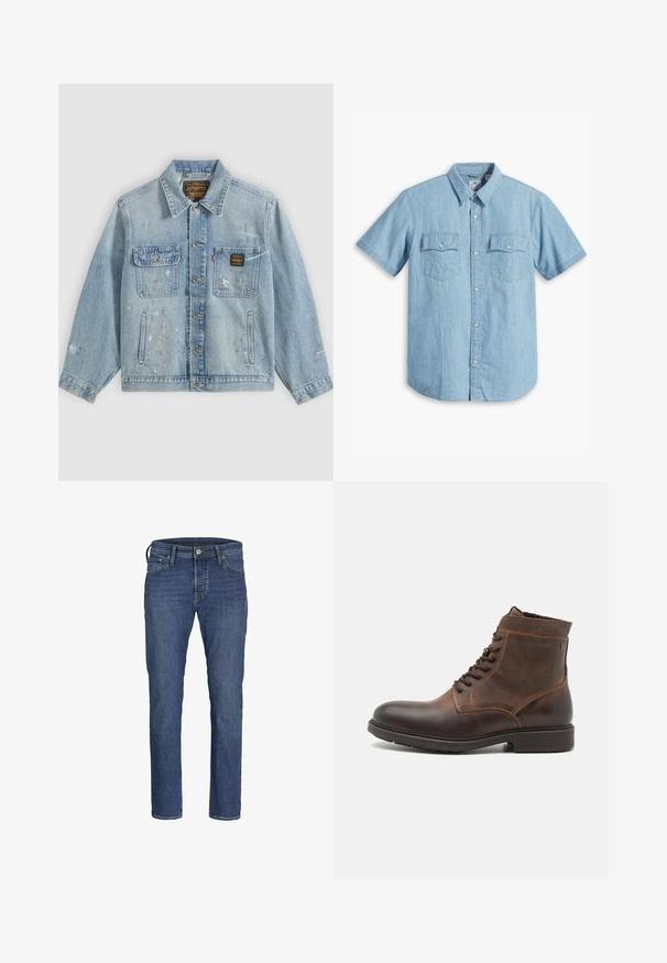 Lyseblå denimjakke med knapper foran, to brystlommer, sidelommer og slidte malingsprøjt detaljer på ærmer og front.; Lyseblå kortærmet skjorte med knaplukning lavet af denim, med to brystlommer med lodret syning og en klassisk krave.; Herre blå denim jeans med lige ben-design, fem lommers styling og klassisk knap- og lynlåslukning.; Jack & Jones JFWDELANEY BOOT - Snørestøvletter - cognac
