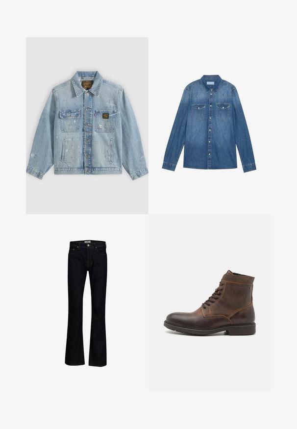 Lyseblå denimjakke med knapper foran, to brystlommer, sidelommer og slidte malingsprøjt detaljer på ærmer og front.; Mørkeblå denimskjorte med lange ærmer, klassisk krave, knaplukning fortil, to brystlommer og kontrasterende stiklinger på sømmene.; Mørkeblå bukseskær med flared fit lavet af denim med en glat tekstur. Har fem lommer, messingbeslag og kontrastsygning.; Jack & Jones JFWDELANEY BOOT - Snørestøvletter - cognac