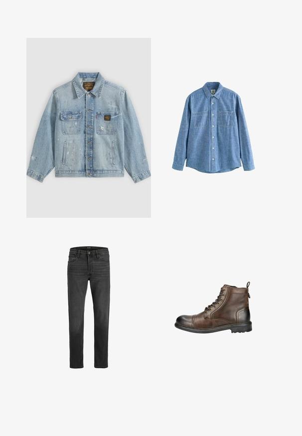 Lyseblå denimjakke med knapper foran, to brystlommer, sidelommer og slidte malingsprøjt detaljer på ærmer og front.; Langærmet blå chambray-skjorte med knaplukning foran og to brystlommer, lagt fladt på en hvid baggrund.; Sorte denim jeans med lige pasform, fem-lomme design og lynlås. Har diskret falmning og kontrastsyninger.; Brune læder ankelstøvle med rund tå, snørebånd fortil og et hævet træk ved hælen. Har en robust sål med mønster for godt fodfæste.