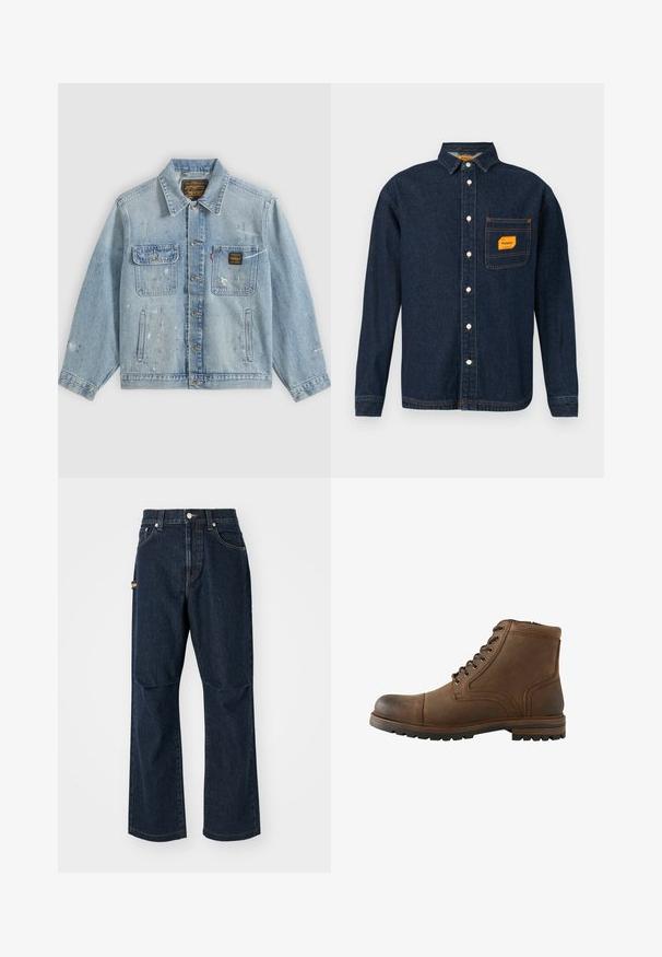 Hellblaue Jeansjacke mit Knopfleiste vorne, zwei Brusttaschen, Seitentaschen und abgenutzten Farbspritz-Details an Ärmeln und Vorderseite.; Dunkelblaue Denim-Hemd mit Button-Down-Kragen, orangefarbener Etikett auf der Brusttasche und weißen Knöpfen. Weiche Textur mit Kontrastnähte.; Dunkelblaue Jeans aus Denim mit geradem Bein, Vorderaschen und einer Seitentasche. Mit Steppakzenten und einem Knopf-Bund.; Brauner Leder-Stiefel mit Schnürung vorne und robuster Sohle, geeignet für Freizeit- oder Outdoor-Einsätze.