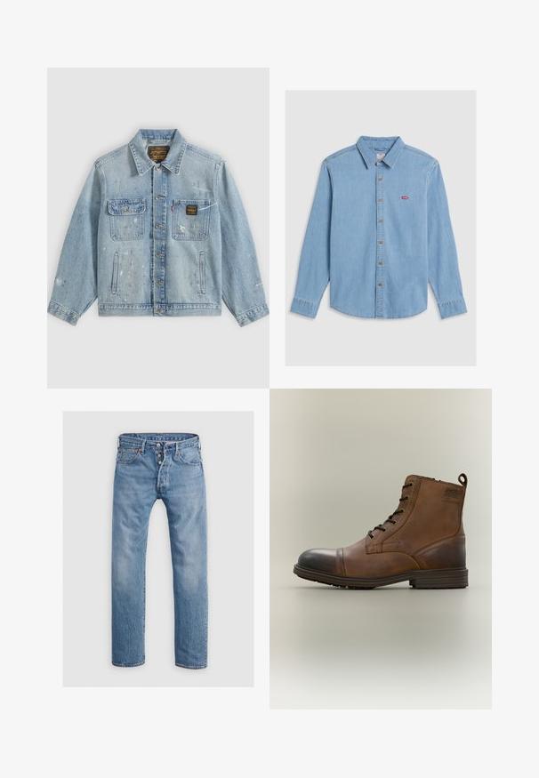 Lyseblå denimjakke med knapper foran, to brystlommer, sidelommer og slidte malingsprøjt detaljer på ærmer og front.; Lyseblå denimskjorte med lange ærmer, knaplukning foran og spidse kraver. Har brune knapper og et lille rødt logo-patch.; Lysblå denim jeans med en lige ben-design, fem lommer og en knaplukning. Har diskrete falmede områder og syninger som accent.; Brun læderstøvle med snørebånd, sort tåhætte, rund sål og mærket detalje på siden mod ensfarvet baggrund.
