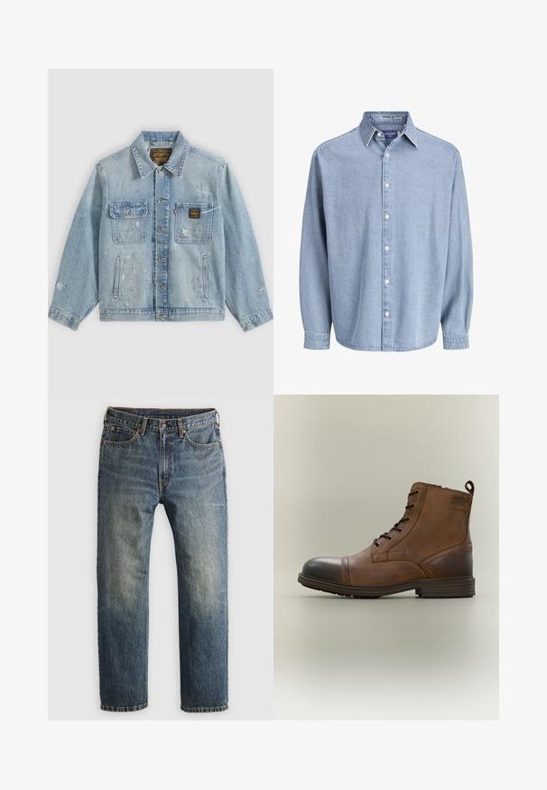 Hellblaue Jeansjacke mit Knopfleiste vorne, zwei Brusttaschen, Seitentaschen und abgenutzten Farbspritz-Details an Ärmeln und Vorderseite.; Himmelblaue Jeanshemd mit langen Ärmeln, Kragen und weißen Knöpfen, präsentiert vor einem schlichten weißen Hintergrund.; Blaue, ausgebleichte gerade geschnittene Jeans aus Denim mit Fronttaschen, Gürtelschlaufen, Knopf und Reißverschluss auf einem hellen Hintergrund.; Brauner Leder-Schnürstiefel bis zum Knöchel mit schwarzer Zehenkappe, runder Sohle und Markenlabel an der Seite vor schlichtem Hintergrund.
