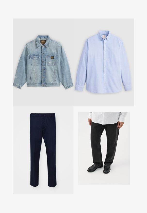 Hellblaue Jeansjacke mit Knopfleiste vorne, zwei Brusttaschen, Seitentaschen und abgenutzten Farbspritz-Details an Ärmeln und Vorderseite.; Helles blaues langärmeliges Hemd mit Knopfverschluss aus Baumwolle, das einen klassischen Kragen und dezente Markenstickerei auf der linken Brust trägt.; Dunkelblaue Hose aus glattem Stoff, mit geraden Beinen, einem Knopfverschluss und frontalen Taschen.; Schwarze Jeans kombiniert mit glänzenden schwarzen Slippern. Das Hemd ist weiß mit dünnen vertikalen Streifen, hat lange Ärmel und einen geknöpften Kragen.