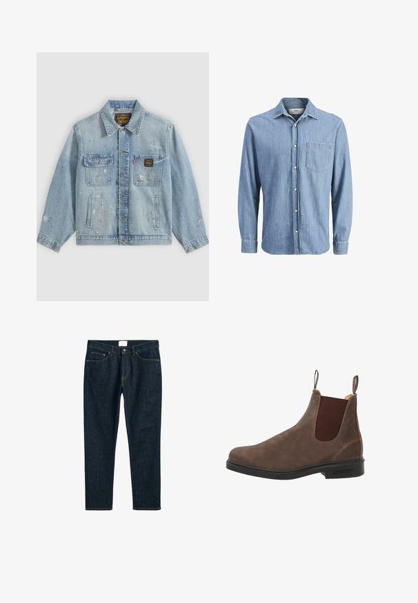 Lichtblauwe spijkerjas met knopen aan de voorkant, twee borstzakken, zijzakken en verweerde verfspetterdetails op mouwen en voorkant.; Lichtblauwe denim overhemd met een button-down kraag, lange mouwen, een borstzak en een geborduurd logo op de zak.; Donkerblauwe denim jeans, rechte pasvorm, met vijf zakken, knoopsluiting en contrasterende stiksels. Gladde textuur met een klassiek ontwerp.; Bruine leren enkellaars met elastische zijpanelen, ronde neus en zwarte rubberen zool. Subtiele textuur en stiksels.