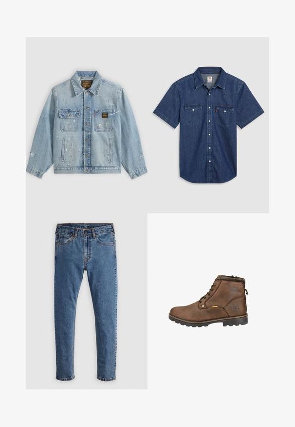 Lyseblå denimjakke med knapper foran, to brystlommer, sidelommer og slidte malingsprøjt detaljer på ærmer og front.; Kortærmet denimskjorte i mørkeblå, med to brystlommer, knappelukning foran og en krave med forstærket syning.; Blå denim jeans med lige skæring, fem lommer, orange syninger og en klassisk knap- og lynlåslukning. Slidt tekstur langs benene.; Brune læder ankelstøvle med afrundet tå, snørebåndsdesign, polstret krave og tekstureret gummisål. Har logo og metal-accenter.