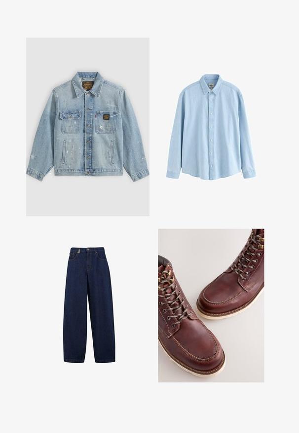 Hellblaue Jeansjacke mit Knopfleiste vorne, zwei Brusttaschen, Seitentaschen und abgenutzten Farbspritz-Details an Ärmeln und Vorderseite.; Hellblaues Denim-Hemd mit langen Ärmeln, Knopfleiste, Kragen und weißen Knöpfen, Größe M, vor weißem Hintergrund dargestellt.; Lässige, dunkelblaue Denim-Jeans mit hoher Taille, Fronttaschen und geradem Bein. Enthält silberfarbene Hardware und minimalistische Nähte.; Braune Lederstiefel mit einer glatten Oberfläche, ausgestattet mit Metallösen, grauen Schnürsenkeln und einer cremefarbenen Gummisohle. Nahtdetail entlang der Kanten.