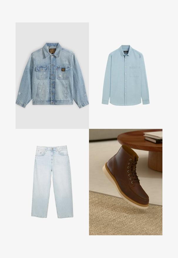 Lyseblå denimjakke med knapper foran, to brystlommer, sidelommer og slidte malingsprøjt detaljer på ærmer og front.; Lyseblå skjorte med lange ærmer, knapper foran, button-down krave og brystlomme, vist på en ensfarvet hvid baggrund.; Lysblå højtaljede straight-leg jeans med frontknap, lommer og lille mærket metalmærke på den højre forlommer.; Brune læderankelstøvle med beige sål på et struktureret beige tæppe ved siden af et rundt træbord med stakke af bøger.