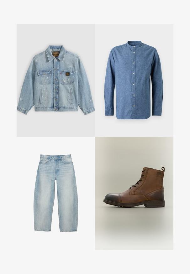 Veste en denim bleu clair avec fermeture à boutons, deux poches poitrine, poches latérales et détails usés avec éclaboussures de peinture sur les manches et le devant.; Chemise bleue à manches longues avec col montant et boutons blancs, présentée sur un fond clair.; Jean en denim bleu clair à jambes larges avec poches avant, passants pour ceinture et fermeture par bouton.; Botte cheville en cuir marron à lacets avec bout noir, semelle ronde et détail de marque sur le côté sur fond uni.