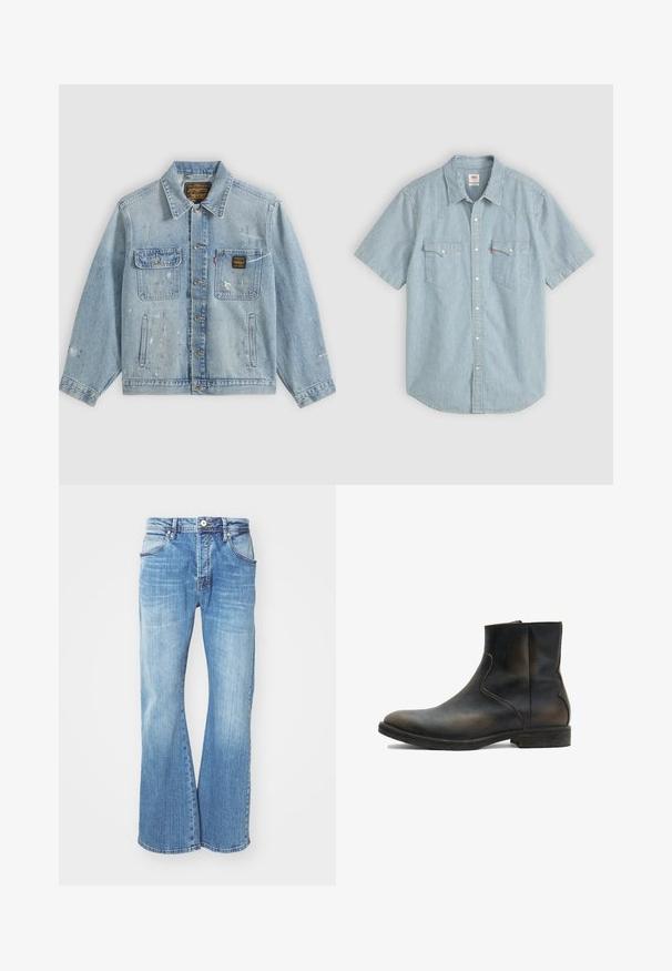 Veste en denim bleu clair avec fermeture à boutons, deux poches poitrine, poches latérales et détails usés avec éclaboussures de peinture sur les manches et le devant.; Chemise à manches courtes bleu clair à rayures blanches, dotée d'un col traditionnel, de deux poches poitrine et d'une fermeture à boutons. Matière coton.; Jean en denim bleu clair avec un design évasé, comportant un style classique à cinq poches, une fermeture éclair et des coutures contrastantes le long des coutures.; AllSaints LANG - Bottines - brown