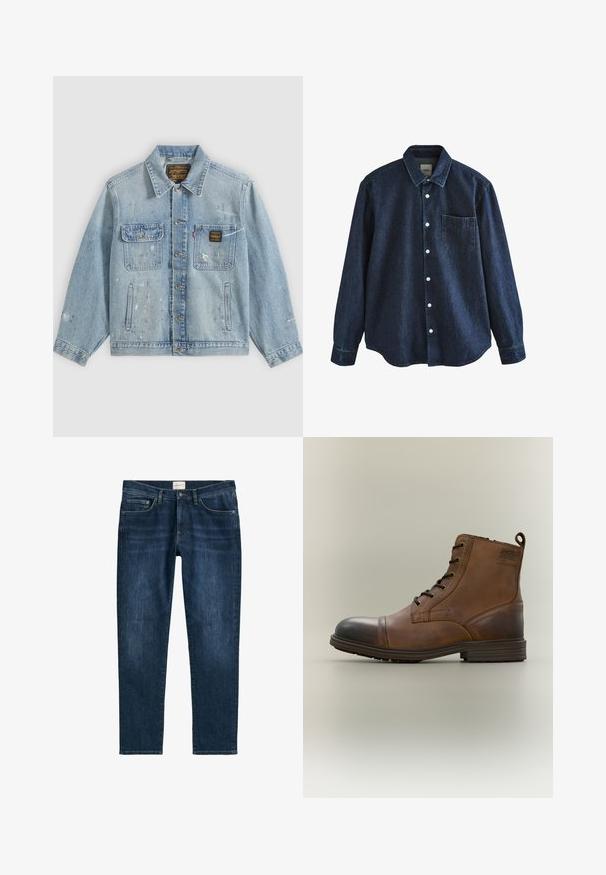 Lichtblauwe spijkerjas met knopen aan de voorkant, twee borstzakken, zijzakken en verweerde verfspetterdetails op mouwen en voorkant.; Donkerblauw denim overhemd met lange mouwen, knopen, kraag en één borstzak, getoond tegen een witte achtergrond.; Donkerblauwe denim jeans met een rechte pijp, vijf zakken, riemlussen en subtiele vervaging. De stof heeft een gladde textuur.; Bruine leren enkellaars met veters, zwarte neuskap, ronde zool en merkdetail aan de zijkant tegen een effen achtergrond.
