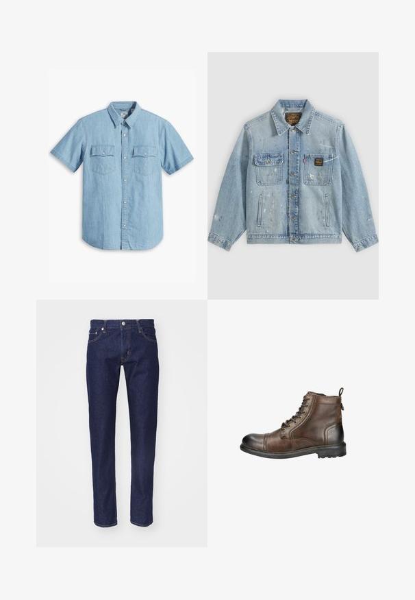 Lyseblå denimjakke med knapper foran, to brystlommer, sidelommer og slidte malingsprøjt detaljer på ærmer og front.; Lyseblå kortærmet skjorte med knaplukning lavet af denim, med to brystlommer med lodret syning og en klassisk krave.; Mørkeblå denim jeans med lige pasform, fem-lomme design, kontrasterende orange syninger og en sølvknaplukning i taljen.; Brune læder ankelstøvle med rund tå, snørebånd fortil og et hævet træk ved hælen. Har en robust sål med mønster for godt fodfæste.