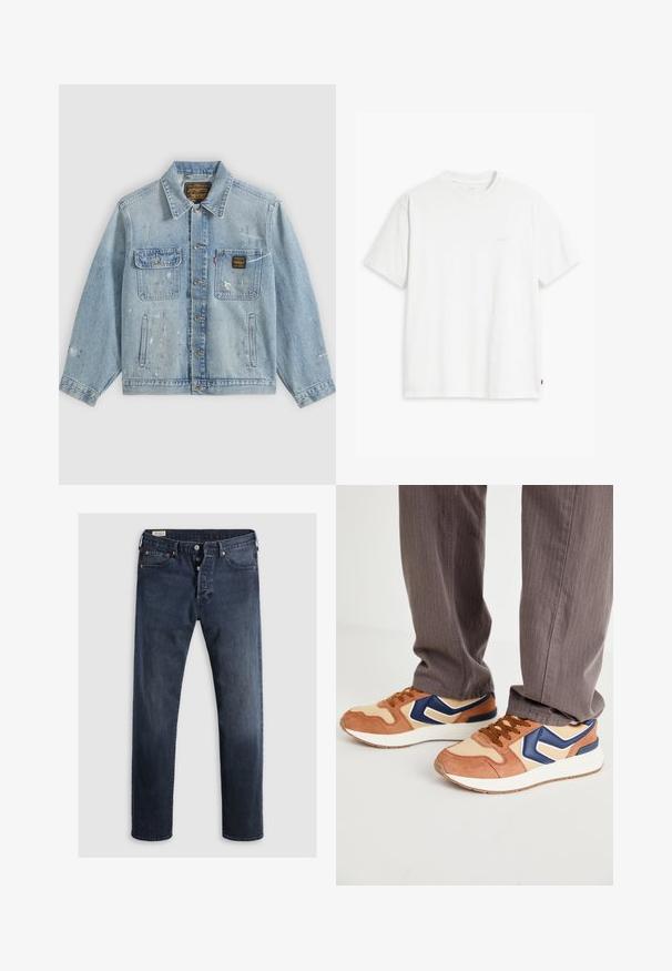 Lichtblauwe spijkerjas met knopen aan de voorkant, twee borstzakken, zijzakken en verweerde verfspetterdetails op mouwen en voorkant.; Wit katoenen T-shirt met korte mouwen, ronde hals en een subtiel "Levi's" logo in een lichte kleur op de voorkant gedrukt.; Donkerblauwe denim jeans met een rechte pijp, voorzien van een rits en metalen knopen, en koperen klinknagels. Gladde textuur, geen zichtbare patronen.; Sneakers met een mix van tan suede en crèmekleurig synthetisch materiaal, met een blauwe accent en een getextureerde zool; bruine veters; gedragen met grijs gestreepte broek.