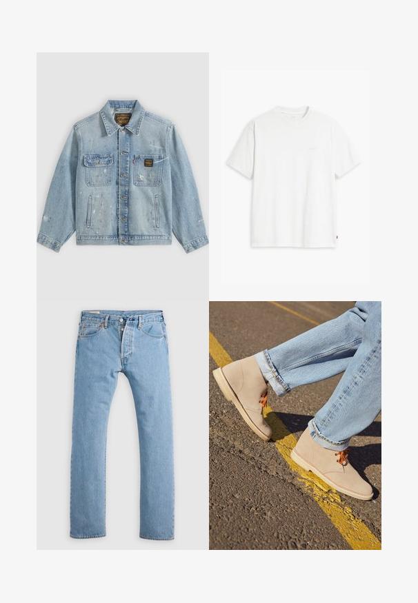 Lichtblauwe spijkerjas met knopen aan de voorkant, twee borstzakken, zijzakken en verweerde verfspetterdetails op mouwen en voorkant.; Wit katoenen T-shirt met korte mouwen, ronde hals en een subtiel "Levi's" logo in een lichte kleur op de voorkant gedrukt.; Lichtblauwe rechte spijkerbroek met knoopsluiting, riemlussen en voor- en achterzakken, weergegeven op een witte achtergrond.; Beige suède enkellaarsjes met oranje veters, ronde neus en een lichte rubberen zool, gecombineerd met opgerolde lichtblauwe denim jeans.