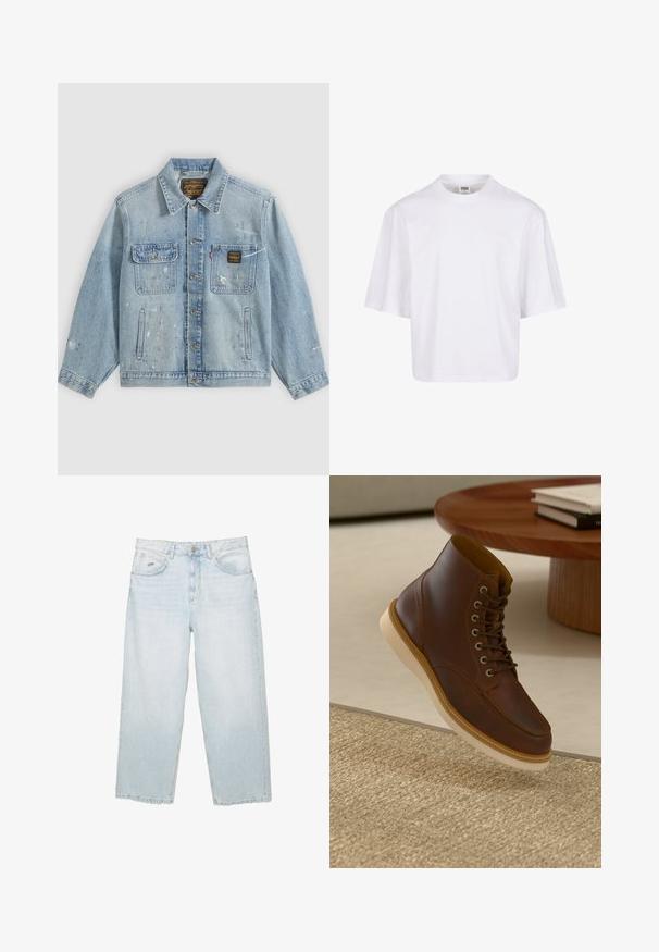 Lyseblå denimjakke med knapper foran, to brystlommer, sidelommer og slidte malingsprøjt detaljer på ærmer og front.; Hvid t-shirt med korte ærmer, der har en rund halsudskæring og en afslappet pasform, lavet af et glat bomuldsblandingsstof. Ingen mønstre eller udsmykninger.; Lysblå højtaljede straight-leg jeans med frontknap, lommer og lille mærket metalmærke på den højre forlommer.; Brune læderankelstøvle med beige sål på et struktureret beige tæppe ved siden af et rundt træbord med stakke af bøger.