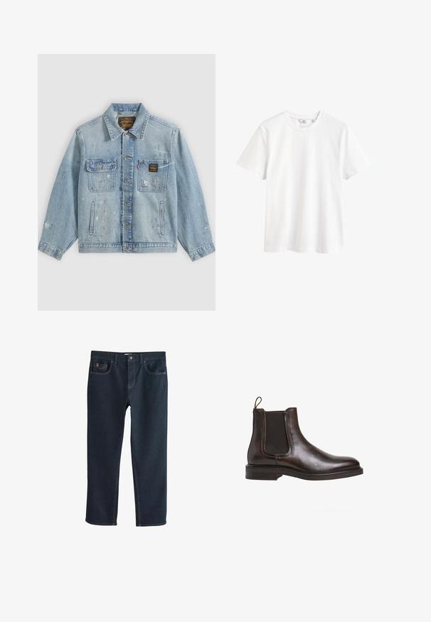 Lyseblå denimjakke med knapper foran, to brystlommer, sidelommer og slidte malingsprøjt detaljer på ærmer og front.; Hvid kortærmet t-shirt med rund halsudskæring og en lille mærkeetiket indeni kraven.; Mørkeblå denimjeans med lige ben, der har forlommer og diskrete syningsdetaljer. Glat tekstur, klassisk stil.; Brune læder Chelsea støvle med elastiske sidepaneler, løkke til at trække op med, og en lav stablet hæl. Glat tekstur og slank silhuet.