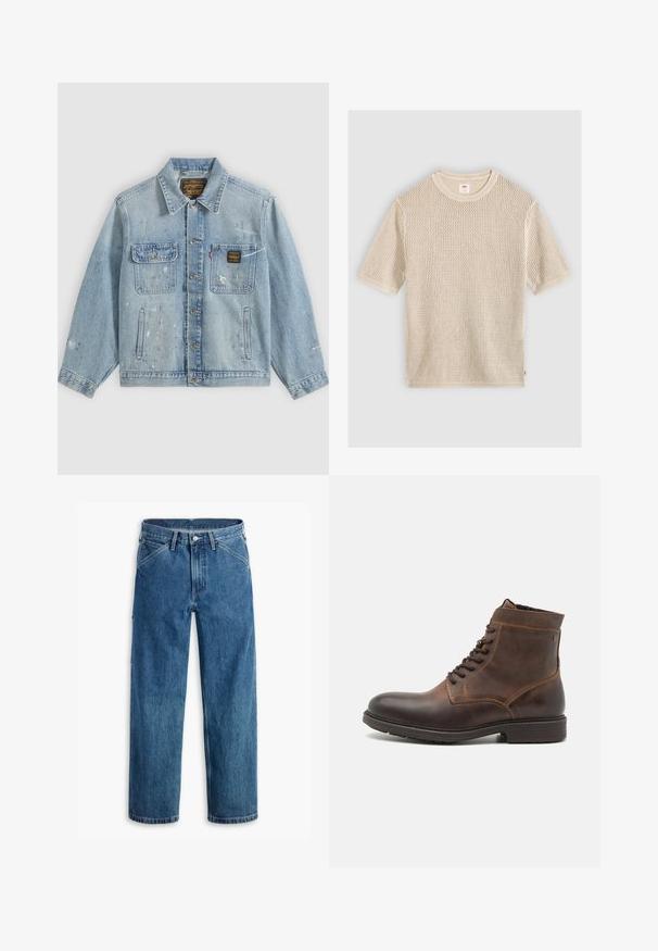Hellblaue Jeansjacke mit Knopfleiste vorne, zwei Brusttaschen, Seitentaschen und abgenutzten Farbspritz-Details an Ärmeln und Vorderseite.; Beiger kurzärmeliger Strickpullover mit rundem Ausschnitt und strukturiertem offenem Strickmuster, flach auf hellem Hintergrund liegend.; Blaue Jeans mit geradem Bein, Vordertaschen, Gürtelschlaufen, Metallknopf und Reißverschluss auf weißem Hintergrund.; Jack & Jones JFWDELANEY BOOT - Schnürstiefelette - cognac