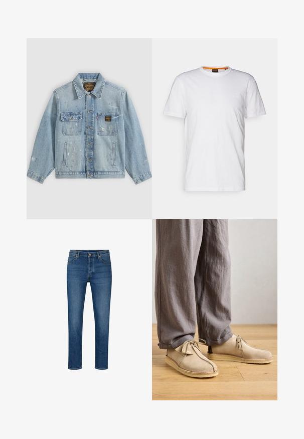 Lyseblå denimjakke med knapper foran, to brystlommer, sidelommer og slidte malingsprøjt detaljer på ærmer og front.; Hvid bomulds T-shirt med rund hals, korte ærmer og et subtilt præget logo på brystet. Indvendigt mærke har en orange detalje.; Blå denimjeans med lige pasform, der har fem lommer, bæltestropper og knaplukning. Lys whiskering og kontraststing.; Beige ruskindssko med rund tå, snørredetaljer og sømme, parret med løse grå linnedbukser på et trægulv.