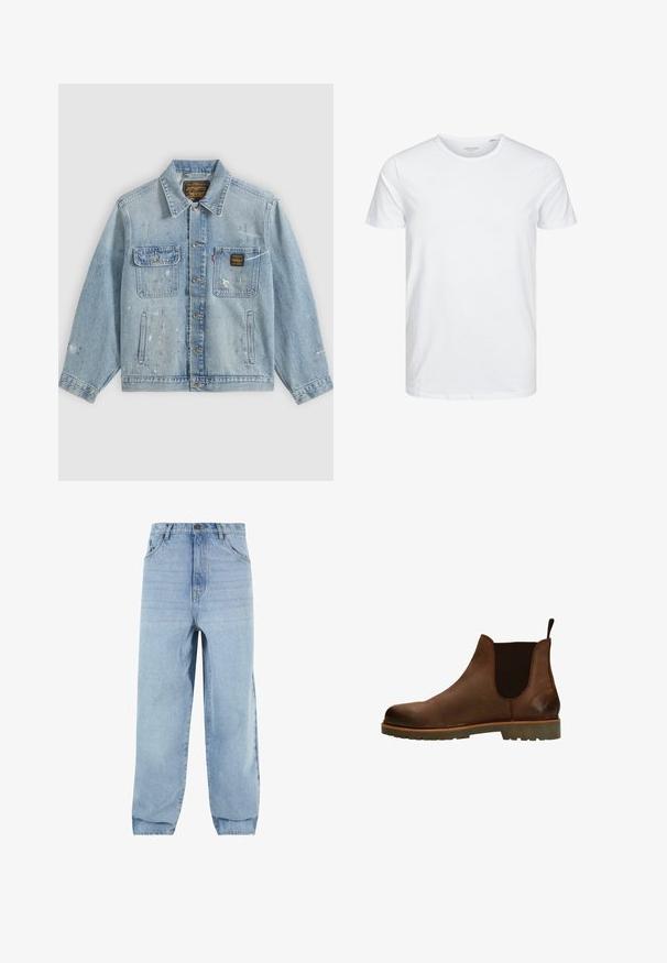 Lichtblauwe spijkerjas met knopen aan de voorkant, twee borstzakken, zijzakken en verweerde verfspetterdetails op mouwen en voorkant.; Ronde hals kortemouwen t-shirt in effen wit, gemaakt van zachte katoen, heeft een eenvoudig ontwerp zonder zichtbare patronen of accenten.; Lichtblauwe denim jeans met een losse pasvorm, hoge taille en vijf zakken. Voorzien van riemlussen en een knoopsluiting. Glad textuur.; Bruine leren Chelsea-boot met elastische zijpanelen, ronde neus en getextureerde rubberen zool. Voorzien van een trekhaak voor gemakkelijk aan- en uittrekken.