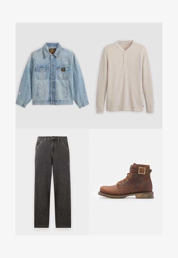 Hellblaue Jeansjacke mit Knopfleiste vorne, zwei Brusttaschen, Seitentaschen und abgenutzten Farbspritz-Details an Ärmeln und Vorderseite.; Langärmliges Henley-Shirt aus leicht beigem Rippstoff mit V-Ausschnitt, Knopfleiste mit drei Knöpfen und angeschnittenen Ärmeln. Roter Logo-Tag am Saum.; Dunkelgraue Denim-Hosen mit geradem Schnitt, mit kontrastierenden weißen Nähten, einem Knopfverschluss und seitlichen Taschen.; Harley Davidson VNTGMOTO SHORT RIDING APPROVED - Cowboy-/Bikerstiefelette - brown