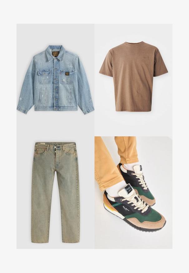 Lichtblauwe spijkerjas met knopen aan de voorkant, twee borstzakken, zijzakken en verweerde verfspetterdetails op mouwen en voorkant.; Bruine katoenen t-shirt met ronde hals, korte mouwen en een discreet geborduurd logo op de linkerborst. Soepele structuur, relaxte pasvorm.; Lichtgewassen rechte jeans met sluiting aan de voorkant met knopen, vijf zakken, riemlussen en koperen klinknagels.; Groene en zwarte sneaker met suède en mesh materialen, crèmekleurige veters, multicolore accenten en een gestructureerde zool. Pepe Jeans-logo zichtbaar.