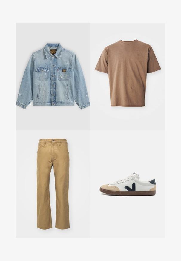 Hellblaue Jeansjacke mit Knopfleiste vorne, zwei Brusttaschen, Seitentaschen und abgenutzten Farbspritz-Details an Ärmeln und Vorderseite.; Braunes Baumwoll-T-Shirt mit Rundhalsausschnitt, kurzen Ärmeln und einem dezenten gestickten Logo auf der linken Brustseite. Glatte Textur, lockerer Schnitt.; Khakihosen aus Baumwolle. Gerader Schnitt mit einem Bund und Fronttaschen. Verfügt über eine einzelne Gesäßtasche und subtile Nähdetails.; Weiße Leder-Sneaker mit beigem Zehenbereich, navyblaue seitliche "V"-Logos und brauner Gummisohle. Enthält runde Schnürsenkel und strukturierte Akzente.