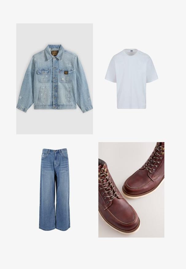 Hellblaue Jeansjacke mit Knopfleiste vorne, zwei Brusttaschen, Seitentaschen und abgenutzten Farbspritz-Details an Ärmeln und Vorderseite.; Weißes Baumwoll-T-Shirt mit rundem Halsausschnitt, kurzen Ärmeln und geradem Schnitt. Verfügt über dezente Nähte an den Schultern.; Weite blaue Denim-Jeans mit hoher Taille, frontalen Taschen und genähten Details an den Beinen. Strukturierte, verblasste Optik mit lockerer Passform.; Braune Lederstiefel mit einer glatten Oberfläche, ausgestattet mit Metallösen, grauen Schnürsenkeln und einer cremefarbenen Gummisohle. Nahtdetail entlang der Kanten.