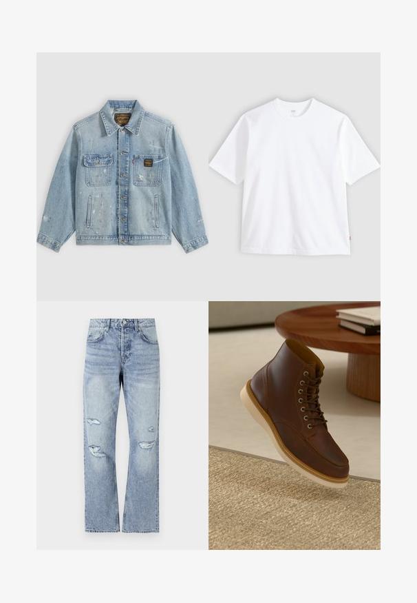 Veste en denim bleu clair avec fermeture à boutons, deux poches poitrine, poches latérales et détails usés avec éclaboussures de peinture sur les manches et le devant.; T-shirt blanc à manches courtes en coton, doté d'un col rond et d'une coupe droite. Étiquette visible sur l'ourlet latéral inférieur.; Jean en denim bleu clair avec une coupe droite, présentant des déchirures usées au niveau des genoux et un style classique à cinq poches.; Bottine en cuir marron avec semelle beige sur un tapis beige texturé à côté d'une table ronde en bois avec des livres empilés.