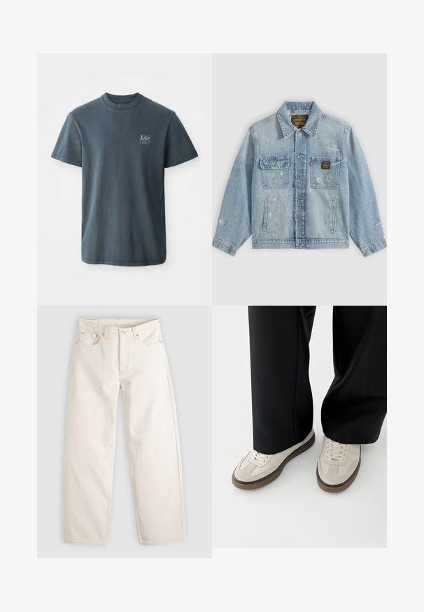 Lyseblå denimjakke med knapper foran, to brystlommer, sidelommer og slidte malingsprøjt detaljer på ærmer og front.; Mørkegrå bomulds T-shirt med rund hals, korte ærmer og et lille trykt logo på venstre side. Klassisk pasform med lige kant.; Off-white jeans med lige ben, fem lommer, bæltestropper, knaplukning og synlige syninger på en lys baggrund.; Fødder iført beige sneakers med brune såler og sorte bukser med vide ben på hvid baggrund.