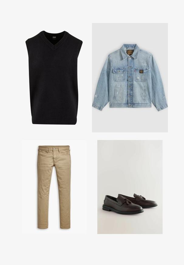 Hellblaue Jeansjacke mit Knopfleiste vorne, zwei Brusttaschen, Seitentaschen und abgenutzten Farbspritz-Details an Ärmeln und Vorderseite.; Schwarzer ärmelloser Pullover mit V-Ausschnitt, aus weichem Material gefertigt, mit geripptem Ausschnitt und unterem Saum. Einfaches, klassisches Design.; Beige Chinos mit geradem Schnitt, ausgestattet mit einem Knopfverschluss vorne, Gürtelschlaufen, zwei vorderen Taschen und einer glatten Textur.; Braune Lederlofer mit einer flachen schwarzen Sohle, ausgestattet mit einem dekorativen Frontriemen und Quasten. Glatte Textur mit dezenten Nähdetails.