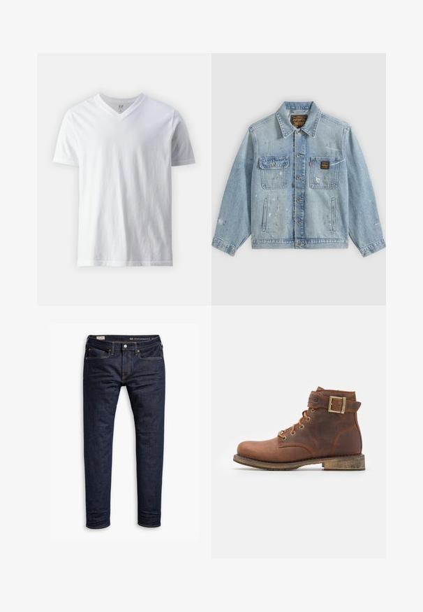 Hellblaue Jeansjacke mit Knopfleiste vorne, zwei Brusttaschen, Seitentaschen und abgenutzten Farbspritz-Details an Ärmeln und Vorderseite.; Kurzärmliges, V-Ausschnitt T-Shirt aus Baumwolle in Weiß. Hat ein einfaches Design mit glatter Textur und lockerer Passform.; Dunkelblaue Denim-Jeans mit schmaler Passform, orangefarbenen Nähten, Fünf-Taschen-Design und Metallbeschlägen. Glatte Textur, keine Muster.; Harley Davidson VNTGMOTO SHORT RIDING APPROVED - Cowboy-/Bikerstiefelette - brown