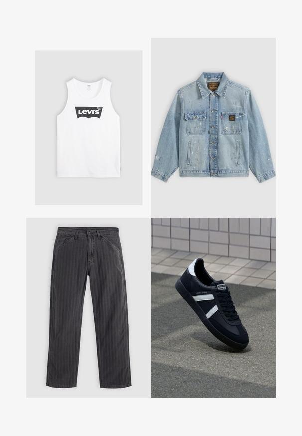 Hellblaue Jeansjacke mit Knopfleiste vorne, zwei Brusttaschen, Seitentaschen und abgenutzten Farbspritz-Details an Ärmeln und Vorderseite.; Weißes Baumwoll-Trägershirt mit einem schwarzen Levi's-Logo in der Mitte. Einfaches Design mit rundem Halsausschnitt und weiten Armausschnitten.; Schwarz gestreifte Hose aus einem Baumwollmix. Verfügt über ein gerades Bein-Design, seitliche Taschen und einen Knopfverschluss.; Schwarze Leder-Sneaker mit weißen Streifen, strukturiertem Gummisohle und Schnürung. Verfügt über ein Markenetikett auf der Zunge.